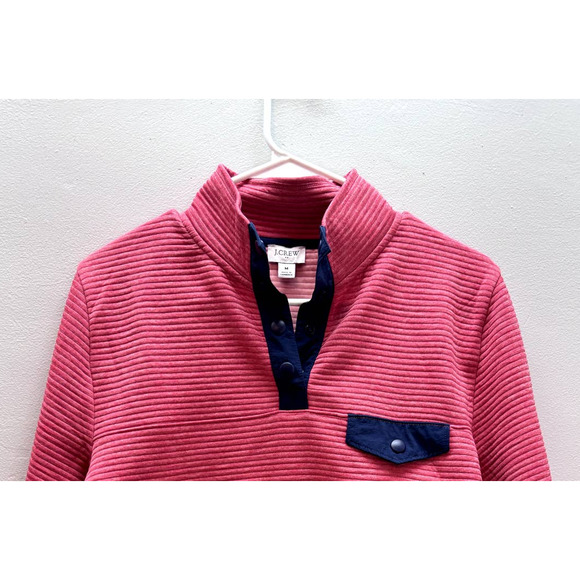 J Crew Quarter Snap Ribbed front Pocket Pullover (Women's M) Pink Navy EUC - Picture 2 of 8